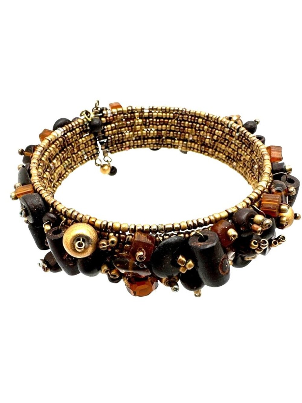 Earthy Eclectic Multi Bead Bangle Bracelet Cuff Boho Flex Wire Brown Gold